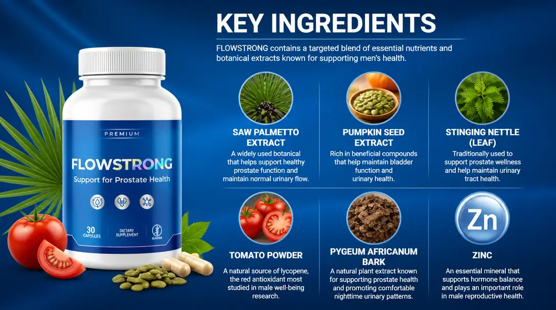 FlowStrong 6 key ingredients: Saw Palmetto, Pumpkin Seed Extract, Stinging Nettle, Tomato Powder, Pygeum Africanum Bark, Zinc
